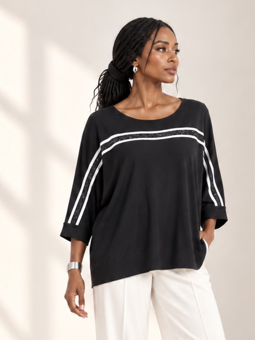 Joseph Ribkoff Rhinestone Racing Stripe Batwing Tunic Top Sz 16